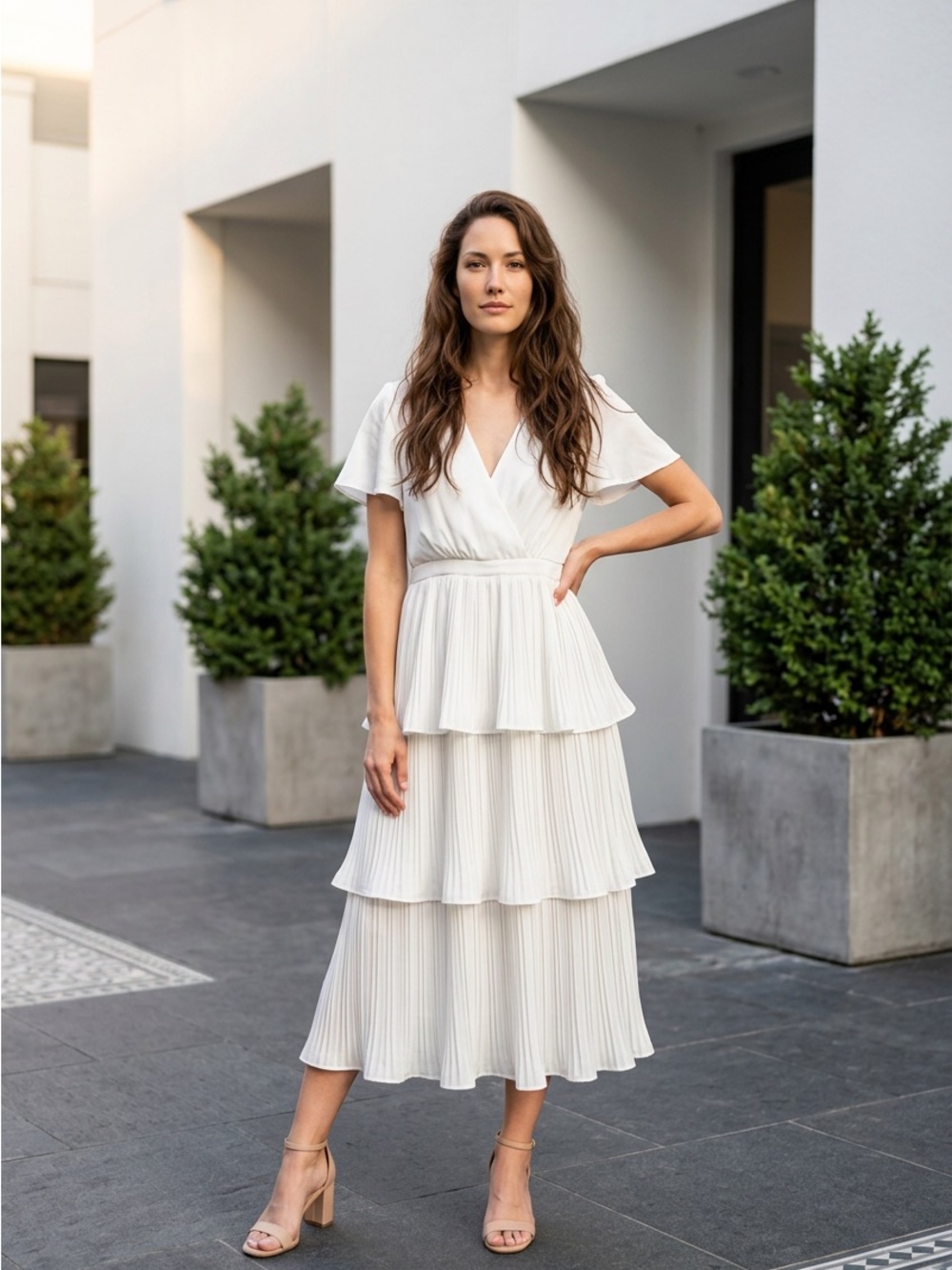 Lulu's Ivory Tiered Pleated Midi Dress